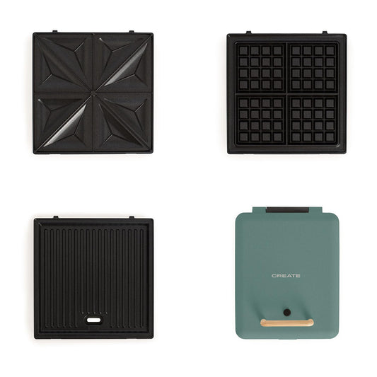 CREATE/STONE STUDIO/Sandwich-Grill and Waffle Maker Sage Green / 3 Interchangeable Plates: Grill, Waffle and Sandwich, 1600 W