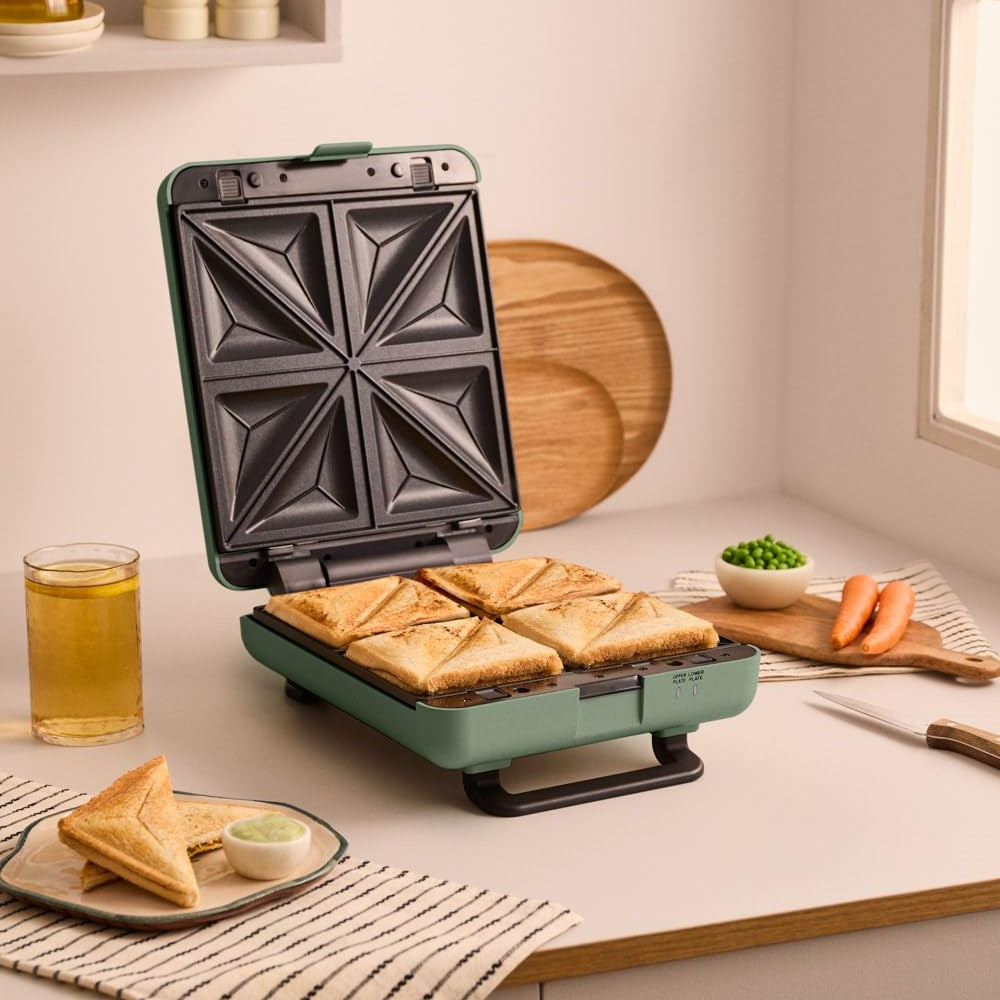 CREATE/STONE STUDIO/Sandwich-Grill and Waffle Maker Sage Green / 3 Interchangeable Plates: Grill, Waffle and Sandwich, 1600 W