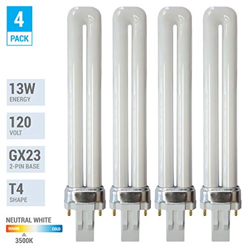 KOR - Pack of 4, 13W GX23 CFL Light Bulbs, 3500K Neutral White, Energy Efficient