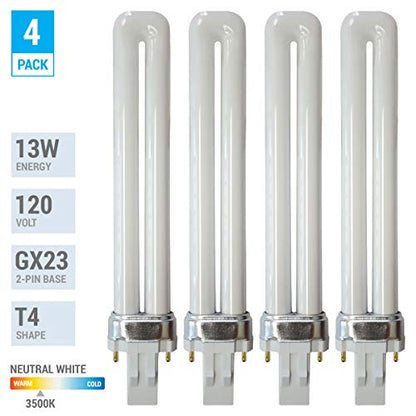KOR - Pack of 4, 13W GX23 CFL Light Bulbs, 3500K Neutral White, Energy Efficient