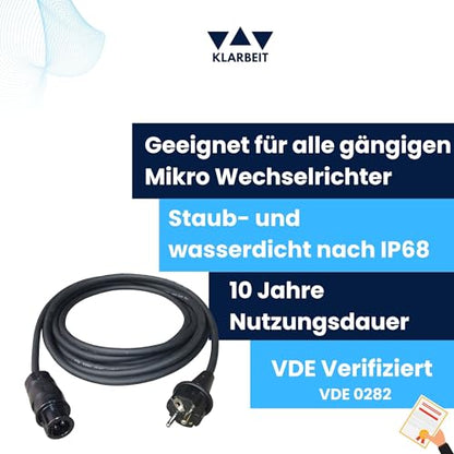 Klarbeit - Betterie BC01 to Schuko AC Cable, 5m, IP54 Rated, Reliable Extension for Micro Inverters