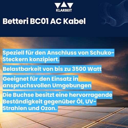 Klarbeit - Betterie BC01 to Schuko AC Cable, 5m, IP54 Rated, Reliable Extension for Micro Inverters