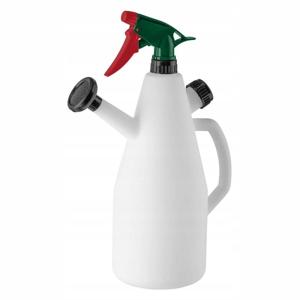 1.3 liter red trigger sprayer with green nozzle and long spout on white body