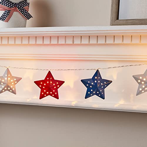 Illuminate your space with Lights4fun's 12 Red, White & Blue Metal Star String Lights. Perfect for parties, events, and festive decor. Battery-operated with timer! Keywords: string lights, party decoration, battery-operated