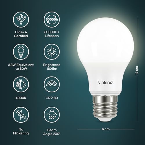 Linkind - E27 LED Screw Bulbs, 3.8W 60W Equivalent , 4000K Neutral White, Pack of 3