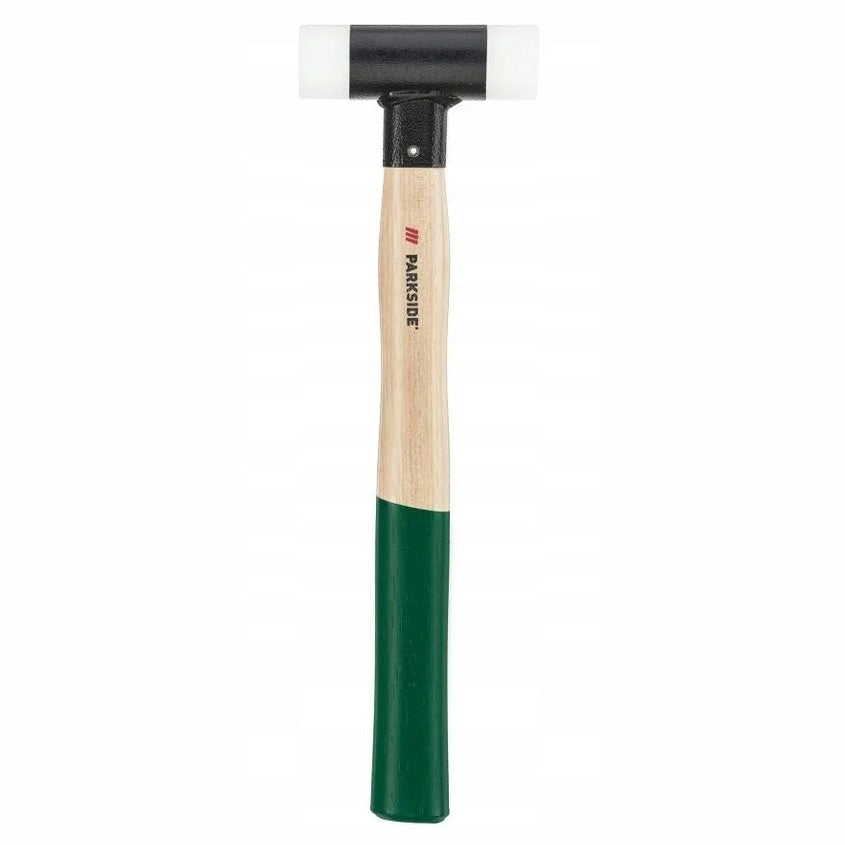 Rubber mallet with wooden handle, ideal for machine parts and panels
