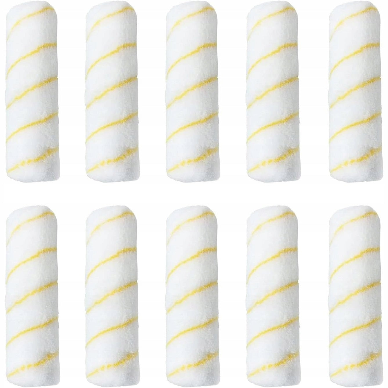 Set of 10 yellow foam painter's roller sleeves with a 25 cm length and a spiral pattern