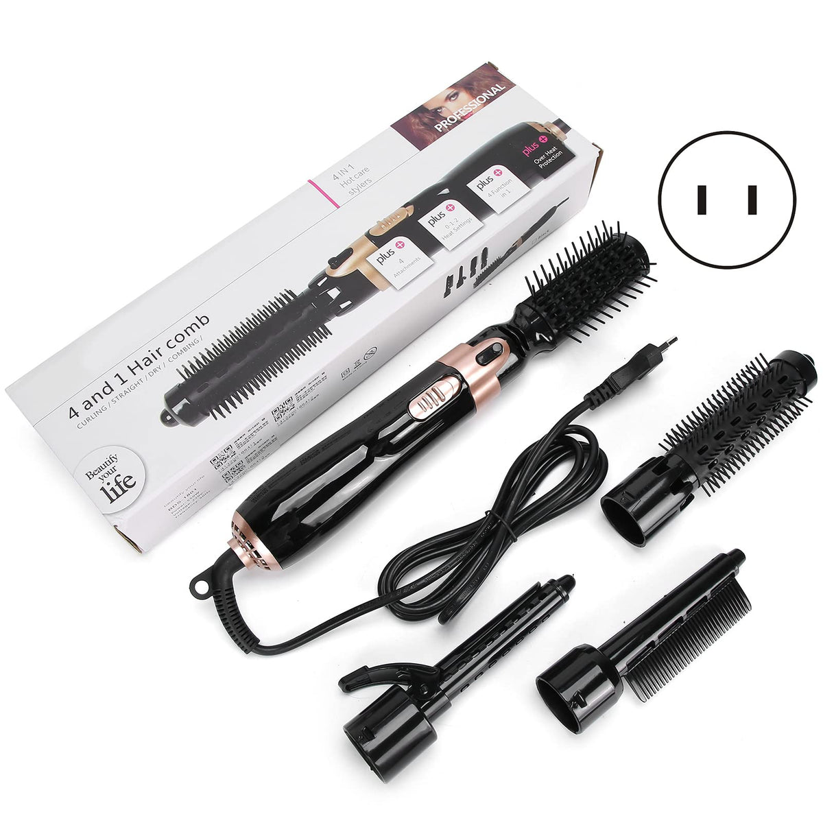 Hair Dryer Brush, 4 in 1 Hot Air Brush Hair Blow Dryer Brushes Set Volumizer Curler Combo with Interchangeable Brush Head Automatic Hair Curler Curling Iron