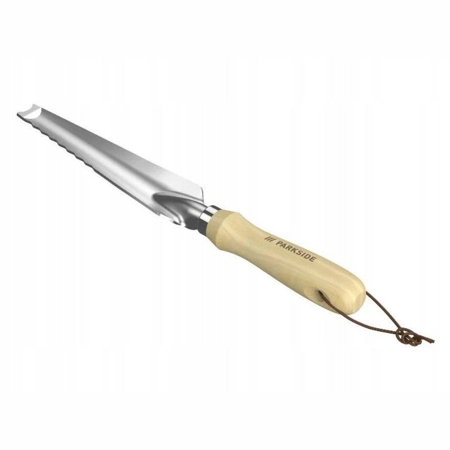 Parkside gardening knife with a serrated edge and a yellow plastic handle, including a cord for hanging.