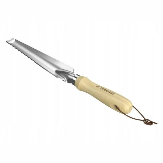 Parkside gardening knife with a serrated edge and a yellow plastic handle, including a cord for hanging.