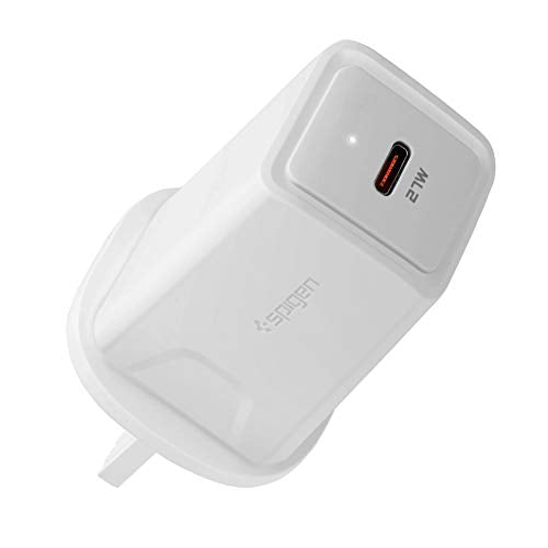 Fast charge your iPhone 14/13/12 Pro Max with Spigen's 27W USB C plug charger. Compatible with iPad and other devices. Compact design for easy portability.