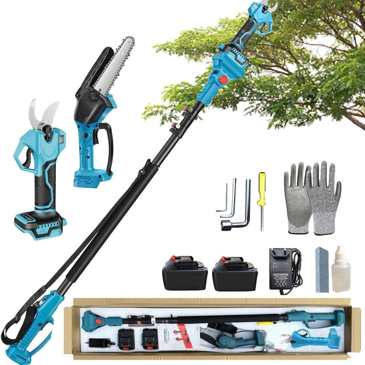 4-IN-1Cordless Pole Saw 8 Inch& Electric Pruning Shears,Brushless Mini Chainsaw with 125-220 cm Extension Pole, with 2Pcs 13000mAh Battery, Multi-Angle for Tree Branches Trimming
