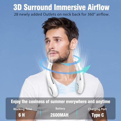 Tiazhan - Bladeless Neck Fan, USB Rechargeable, 3 Speed, 360° Airflow