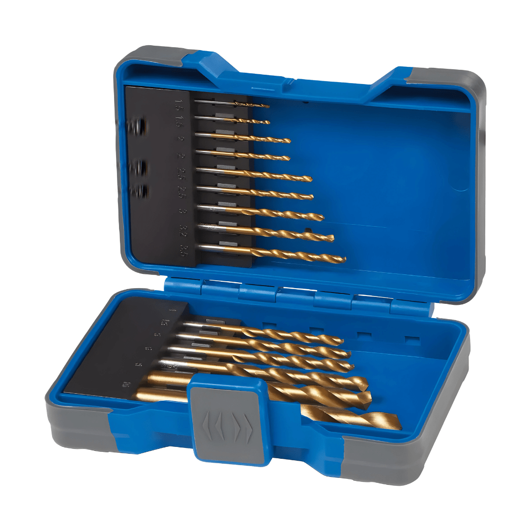 15-piece HSS drill bit set with gold and silver color bits, tapered shank, and spiral flute design