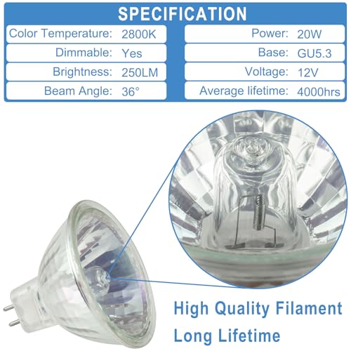 Yegrueb - MR16 Halogen Bulb 12V 20W GU5.3, 2800K Warm White, Dimmable, Pack of 12