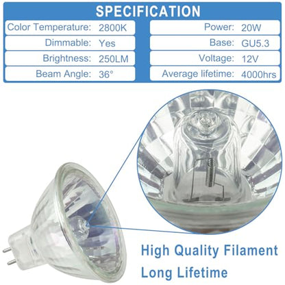 Yegrueb - MR16 Halogen Bulb 12V 20W GU5.3, 2800K Warm White, Dimmable, Pack of 12