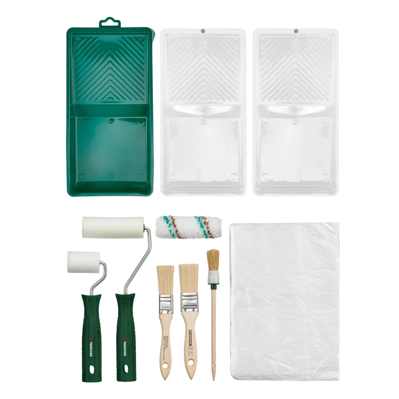 PARKSIDE Painter Starter Set includes various paint rollers, paint trays, brushes, and protective covering materials