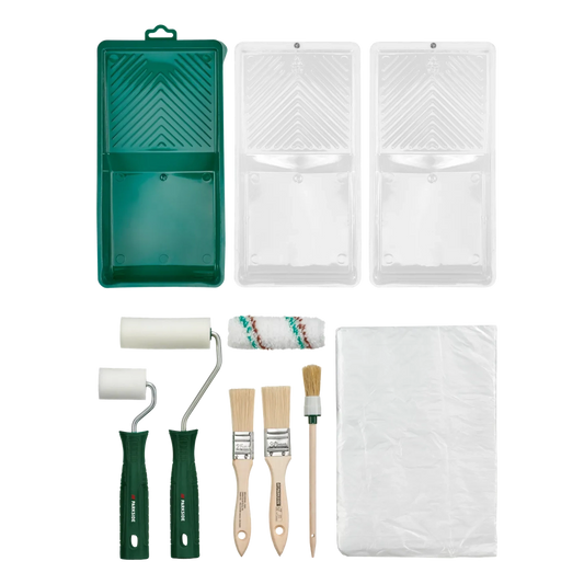 PARKSIDE Painter Starter Set includes various paint rollers, paint trays, brushes, and protective covering materials