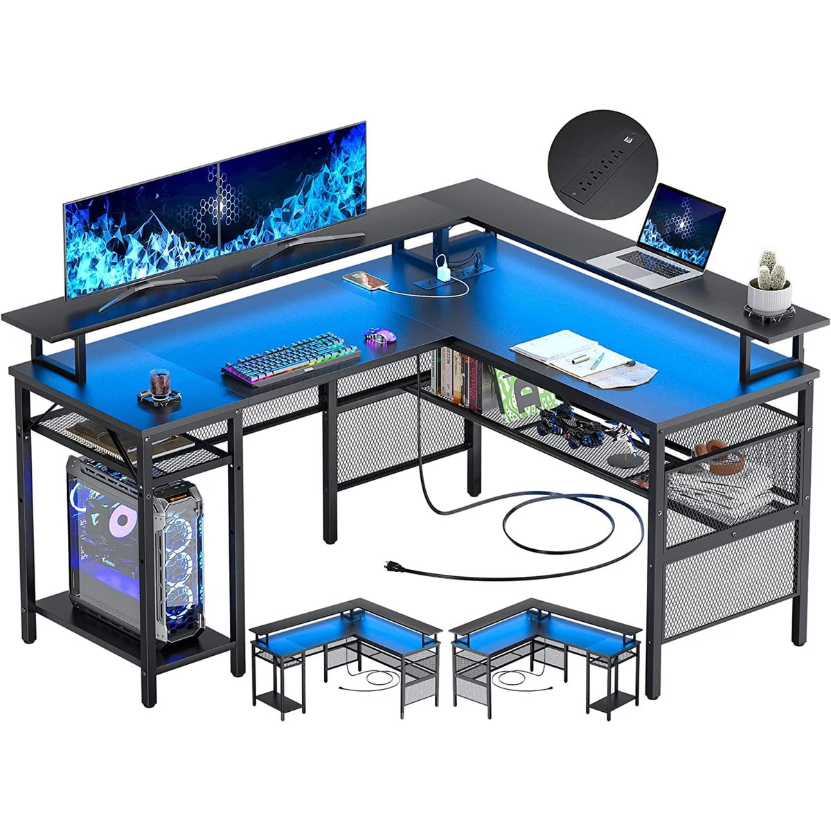 Homieasy L Shaped Desk with Power Outlets and LED Light, 55 inch Reversible L-Shaped Gaming Desk with Monitor Stand, Ergonomic Corner Computer Desk with Storage Shelf for Home Office, Black