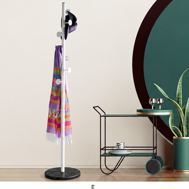 Coat Rack Freestanding Coat Stand Rack Coat Tree Metal Floor Coat Rack Round Marble Chassis 8 Hooks Coat Tree for Home Or Office Hall Hall Tree Coat Tree Rack (Color : White, Size : 178 * 35cm)