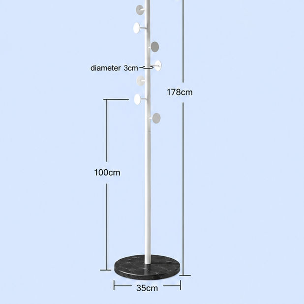Coat Rack Freestanding Coat Stand Rack Coat Tree Metal Floor Coat Rack Round Marble Chassis 8 Hooks Coat Tree for Home Or Office Hall Hall Tree Coat Tree Rack (Color : White, Size : 178 * 35cm)