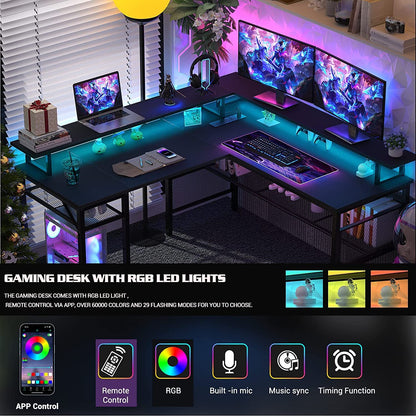 Homieasy L Shaped Desk with Power Outlets and LED Light, 55 inch Reversible L-Shaped Gaming Desk with Monitor Stand, Ergonomic Corner Computer Desk with Storage Shelf for Home Office, Black