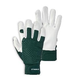 White and green Parkside leather garden gloves with padded grip