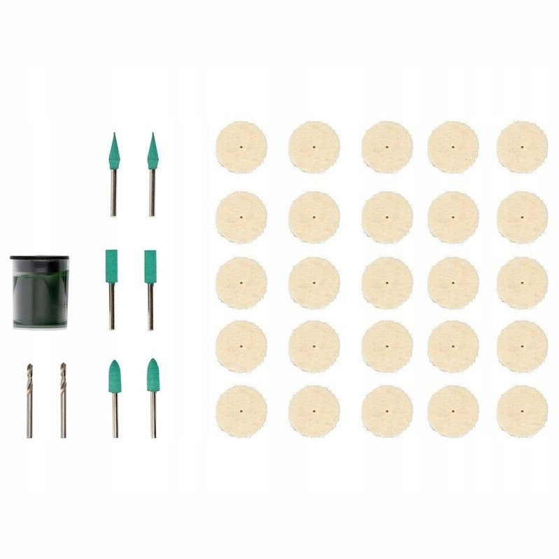 35-piece polishing accessory set includes felt pads, metal mandrels, and green abrasive tips for multifunction tools