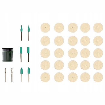 35-piece polishing accessory set includes felt pads, metal mandrels, and green abrasive tips for multifunction tools