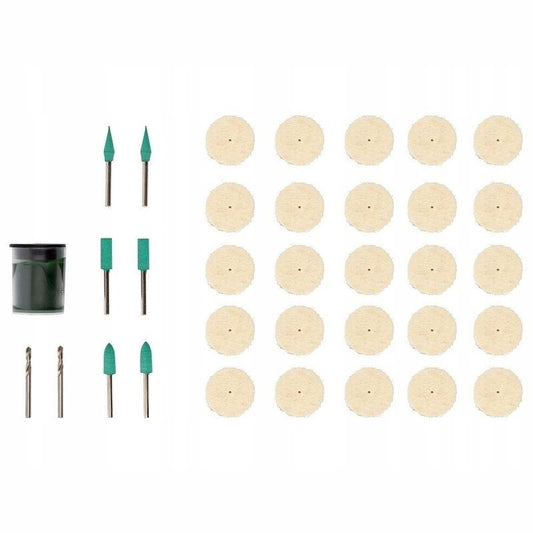 35-piece polishing accessory set includes felt pads, metal mandrels, and green abrasive tips for multifunction tools