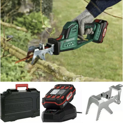 Parkside 20V Cordless Pruning Reciprocating Saw with battery and charger, featuring a serrated branch holder and keyless chuc