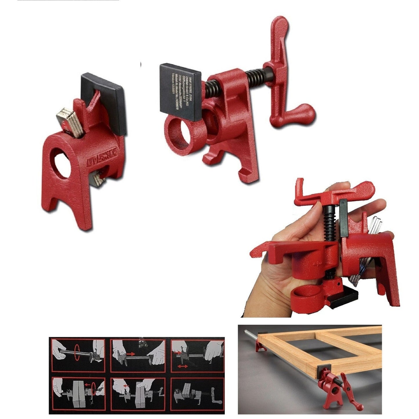 Adjustable red metal pipe clamp with ergonomic grip and L-shaped stand foot
