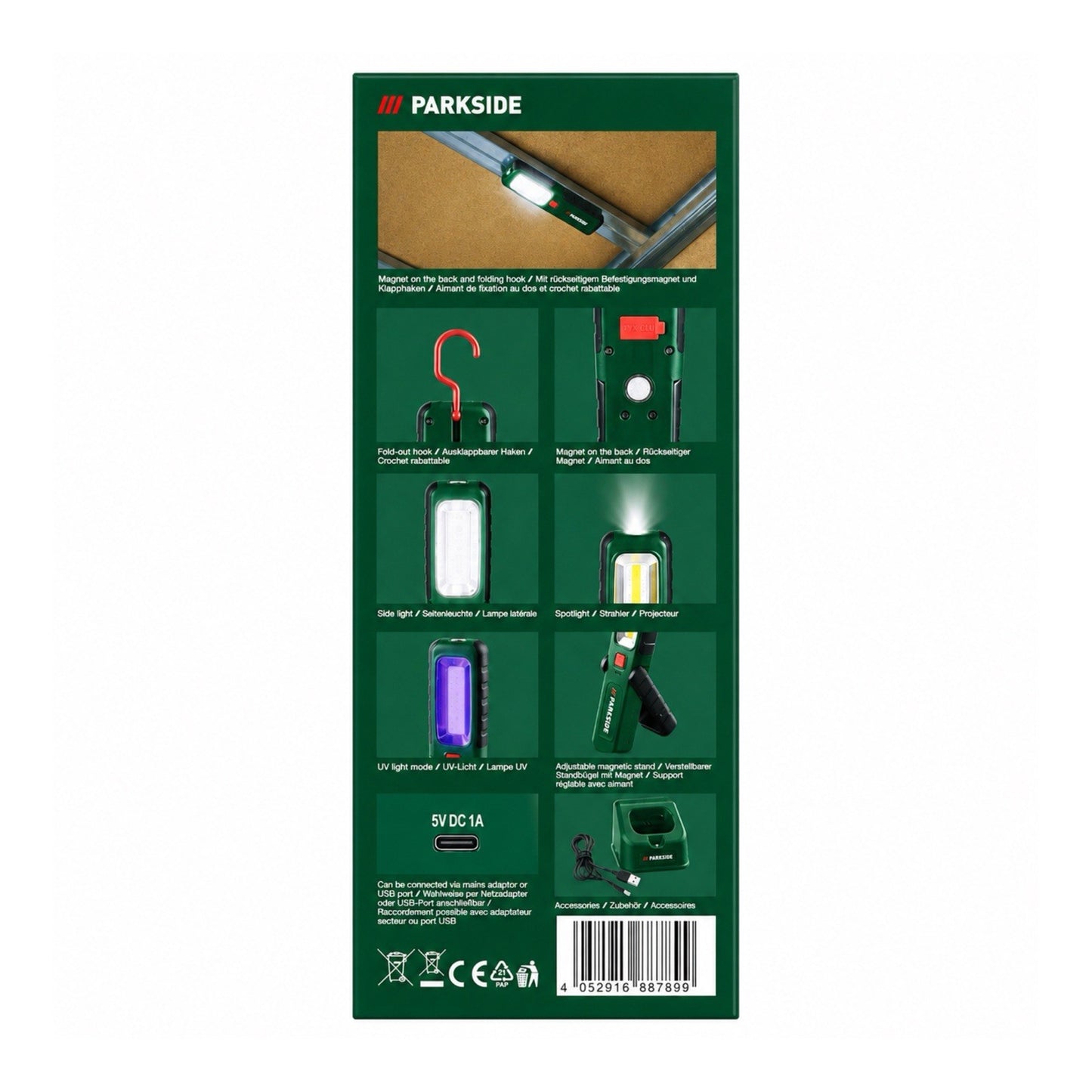 PARKSIDE® Rechargeable LED Work Light with Magnetic Base and UV Light