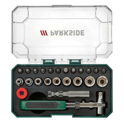 Parkside 23-Piece Precision Socket Wrench Set with ratchet handle and storage case